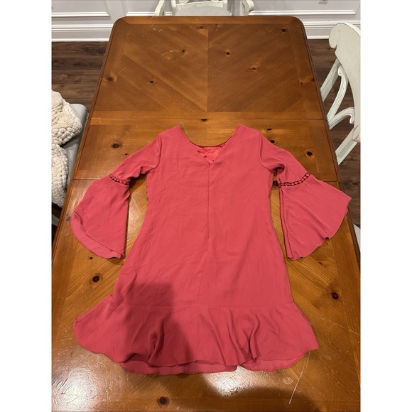 White House Black Market Dress Women's 12 Pink Crochet Trim Bell Sleeve Ruffle - Picture 4 of 5